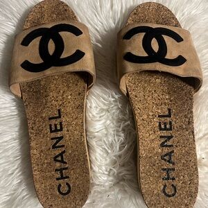 CHANEL Cream Sandals with Black Logo and Cork Footbed